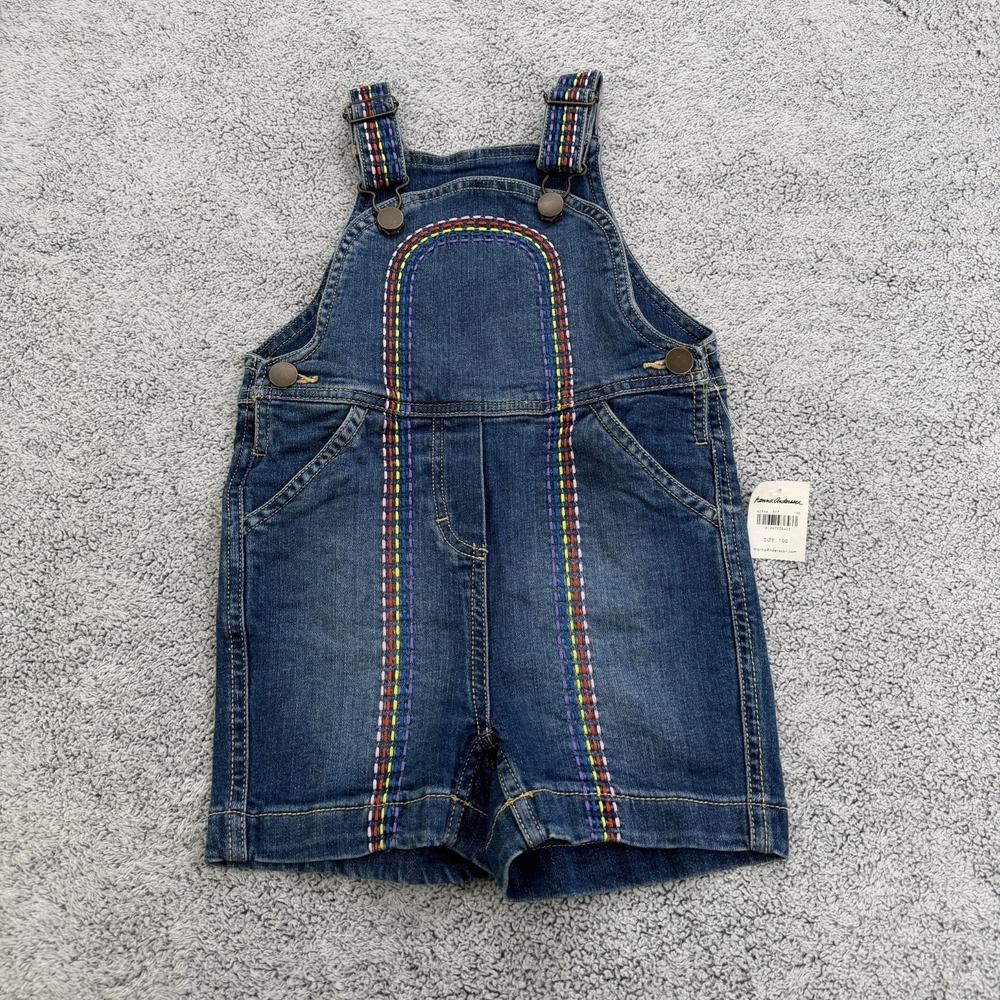 Hanna Andersson Denim Overalls Girls 4 Blue Embroidered Rainbow Bib Shortalls